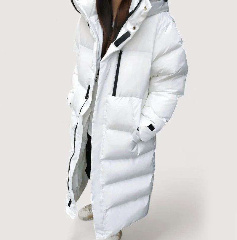 Women’s Extra-Long Puffer Coat – Hooded Quilted Winter Jacket with Full-Length Zip