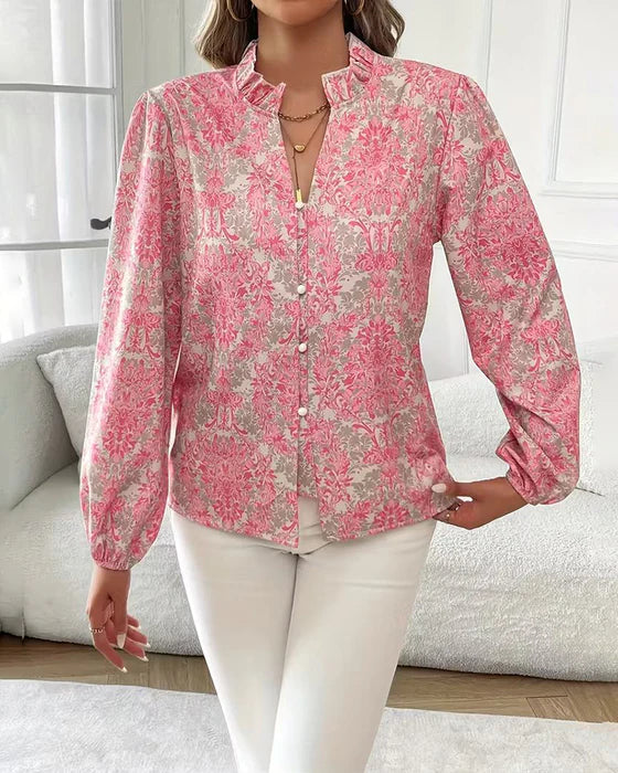 Women’s Printed Ruffle Collar Blouse – Long Sleeve Cotton Blend Spring Top