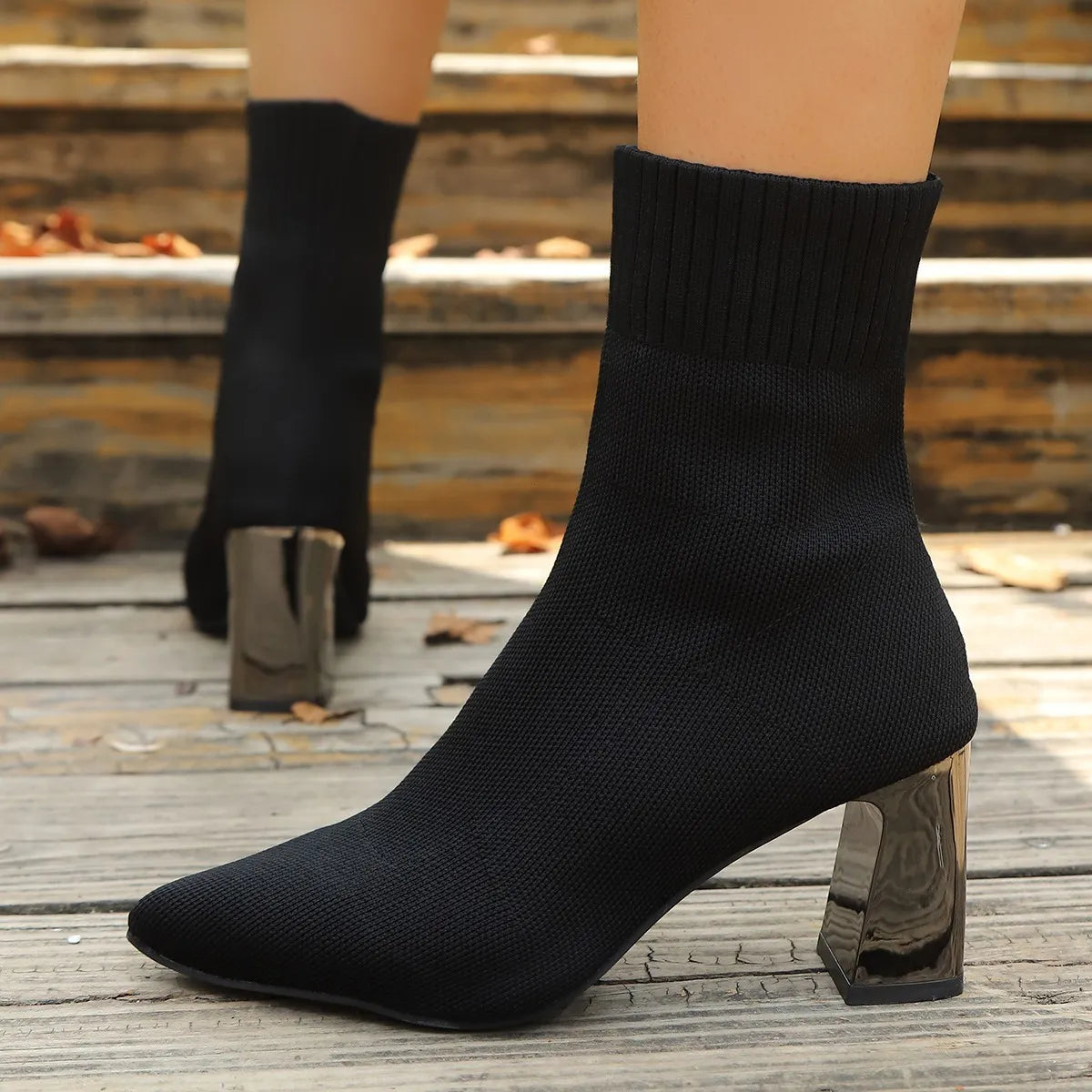 Sock Style Ankle Boots for Women – Pointed Toe Block Heel Boots for Everyday Spring Wear