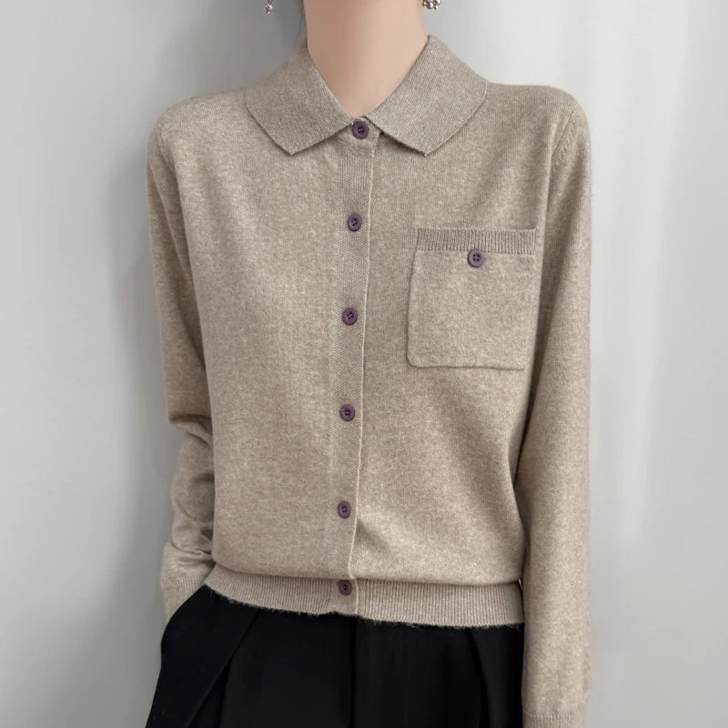 Women’s Polo Cardigan – Soft Merino Wool Button-Up Knit with Chest Pocket