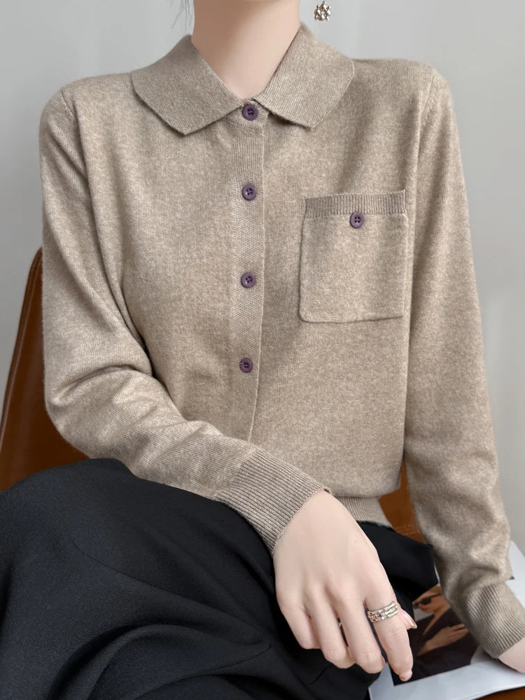 Women’s Polo Cardigan – Soft Merino Wool Button-Up Knit with Chest Pocket