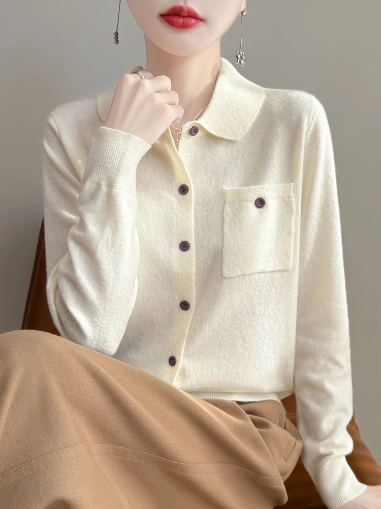 Women’s Polo Cardigan – Soft Merino Wool Button-Up Knit with Chest Pocket
