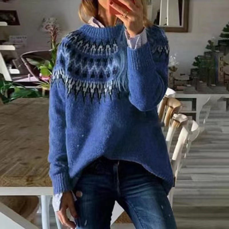 Women’s Fair Isle Knit Jumper – Cozy Winter Crewneck Sweater with Classic Pattern