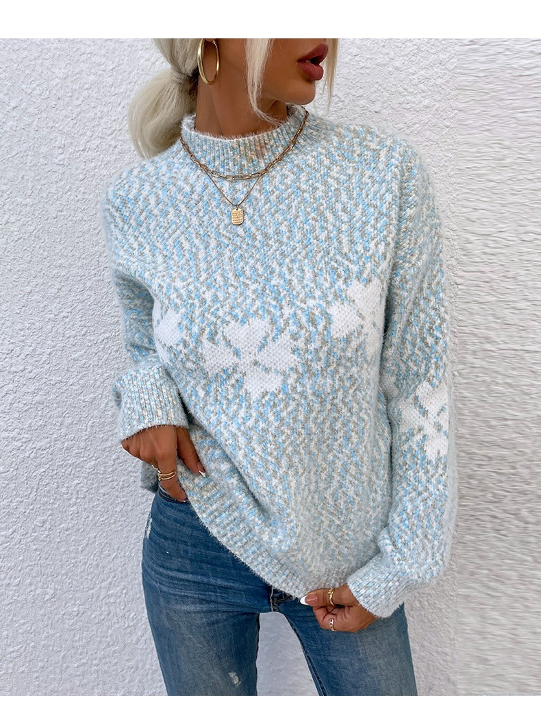 Women’s Floral High-Neck Jumper – Relaxed Polyester Knit for Autumn & Winter