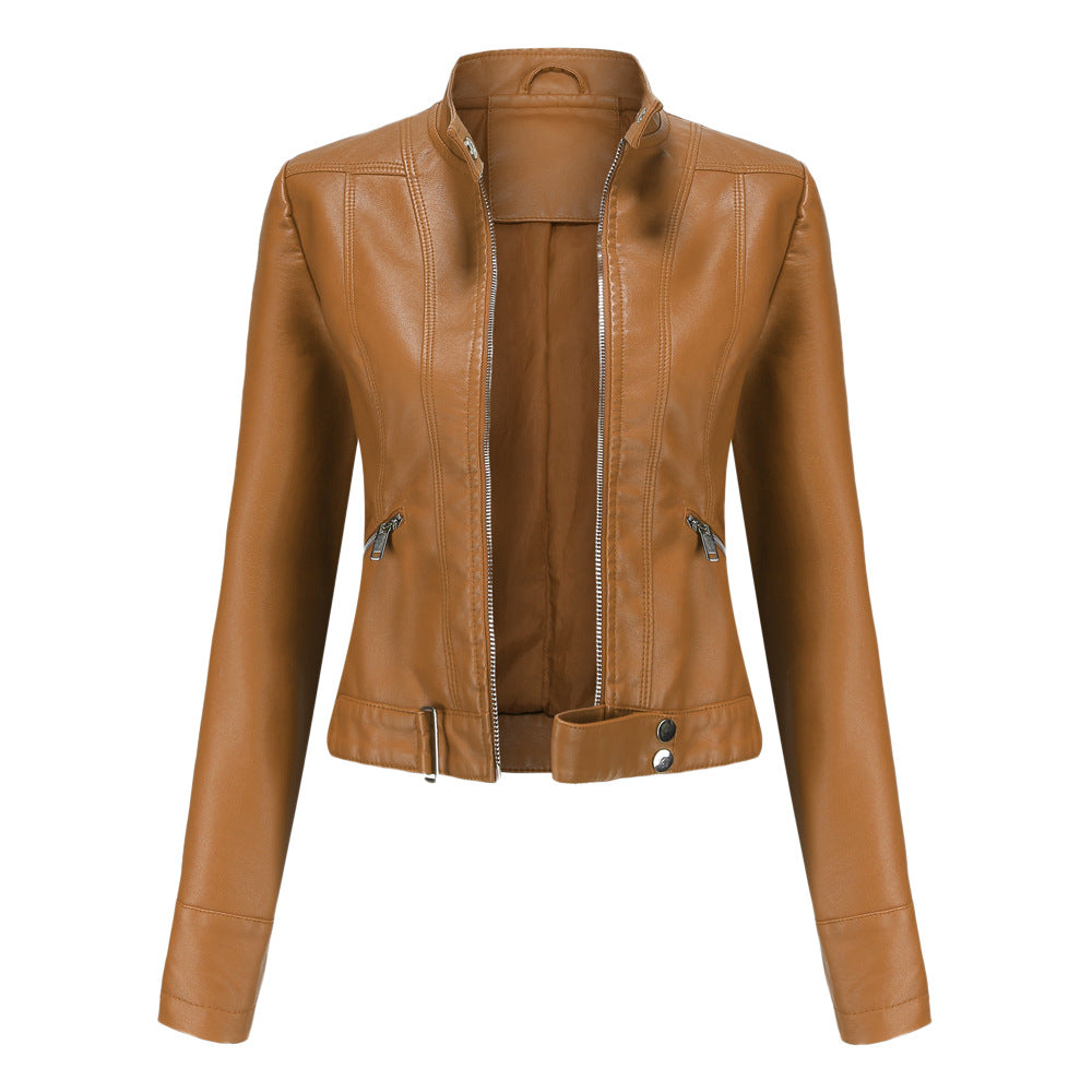 Women’s High-Collar PU Leather Jacket – Slim Fit Moto Style with Zip Details