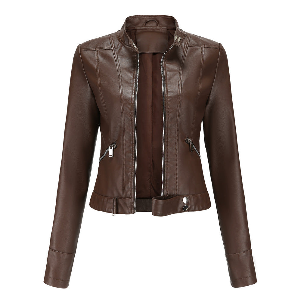 Women’s High-Collar PU Leather Jacket – Slim Fit Moto Style with Zip Details