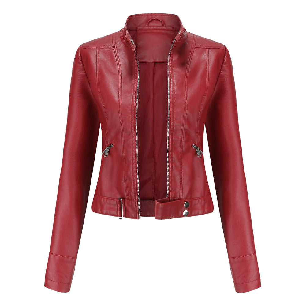 Women’s High-Collar PU Leather Jacket – Slim Fit Moto Style with Zip Details