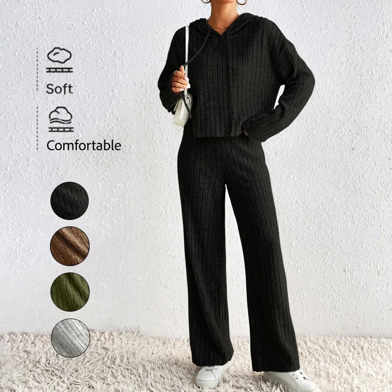 Women's Loungewear Set – Soft Ribbed Knit Cropped Hoodie and High-Waisted Pants Pajama Set for Ultimate Comfort