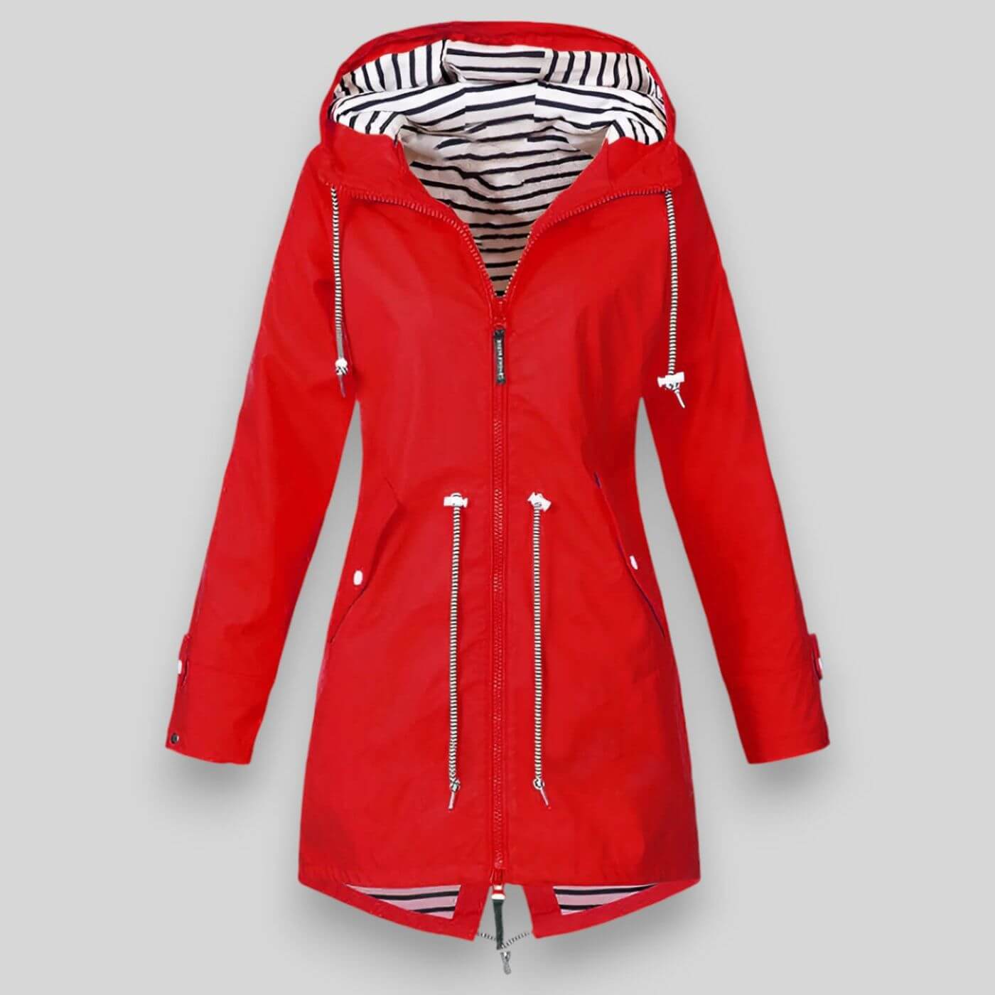 Women’s Waterproof Hooded Rain Jacket – Adjustable Waist & Stylish Weather Protection