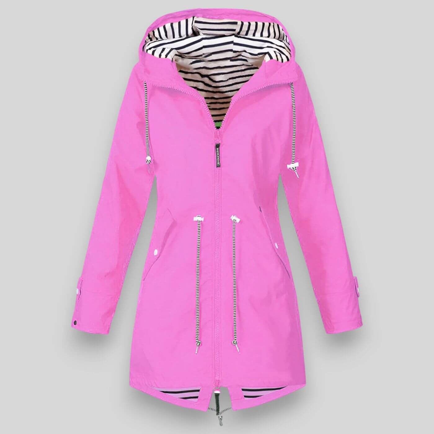 Women’s Waterproof Hooded Rain Jacket – Adjustable Waist & Stylish Weather Protection