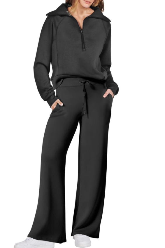 Women’s Wide-Leg Tracksuit Set – Soft Two-Piece Lounge & Athleisure Outfit with Half-Zip Top