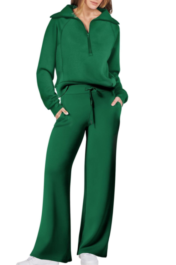 Women’s Wide-Leg Tracksuit Set – Soft Two-Piece Lounge & Athleisure Outfit with Half-Zip Top