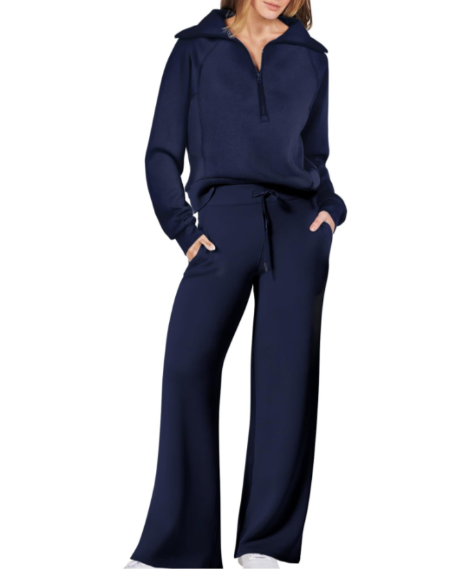 Women’s Wide-Leg Tracksuit Set – Soft Two-Piece Lounge & Athleisure Outfit with Half-Zip Top