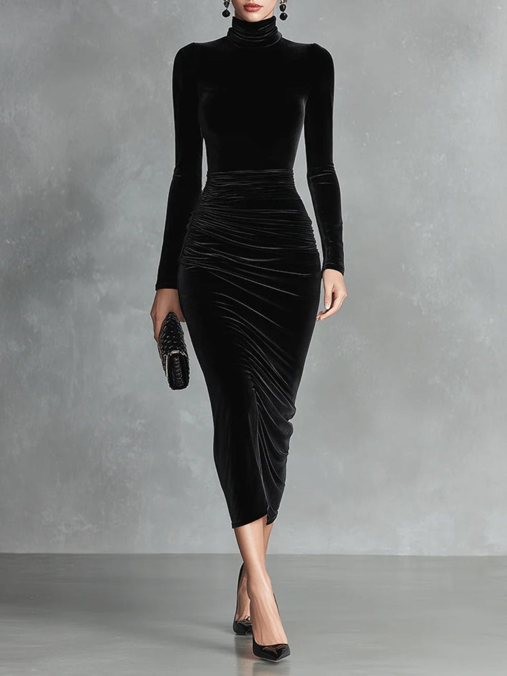 Women’s Velvet Midi Dress – High Neck Ruched Polyester Evening Dress