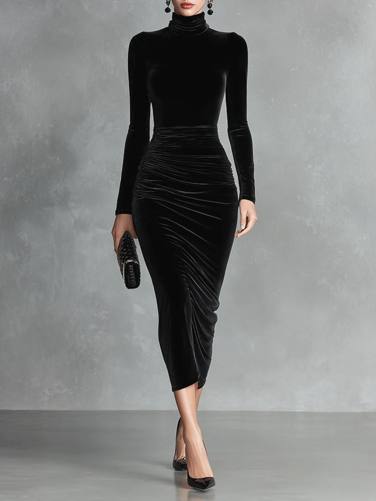 Women’s Velvet Midi Dress – High Neck Ruched Polyester Evening Dress