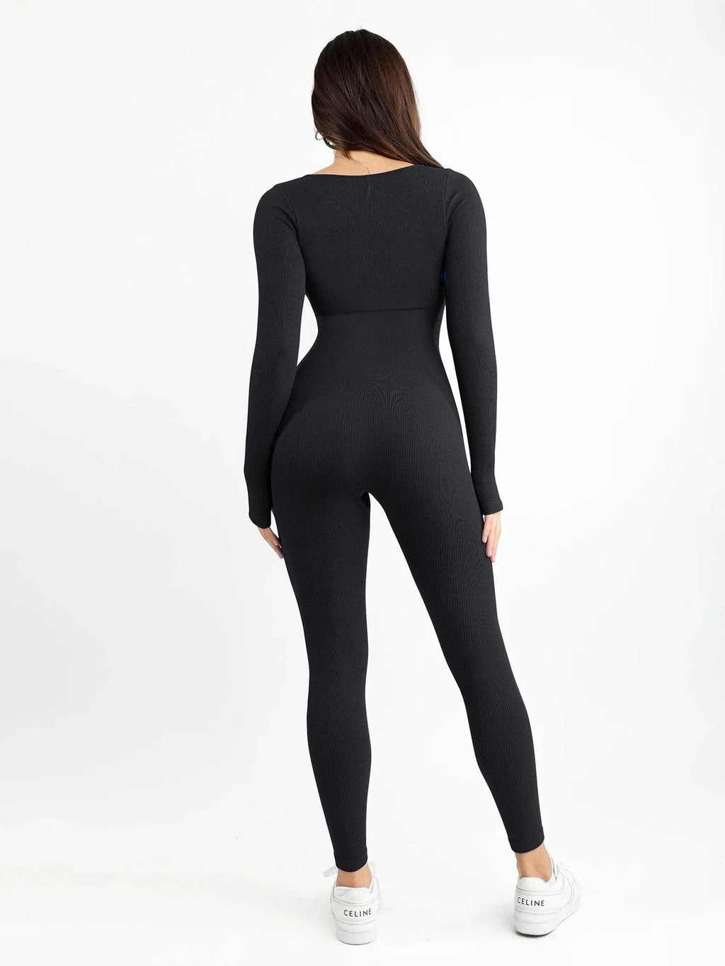 Women’s Seamless Long Sleeve Jumpsuit – Square Neck Bodysuit with Sculpting Fit