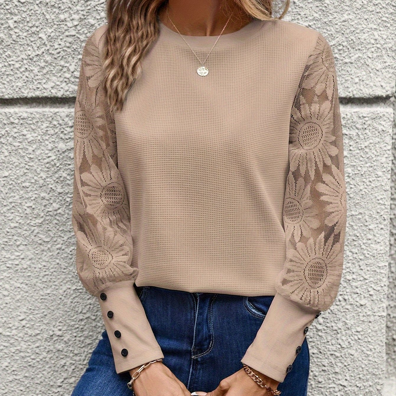 Women’s Stylish Floral Lace Tee – Elegant Round Neck T-Shirt