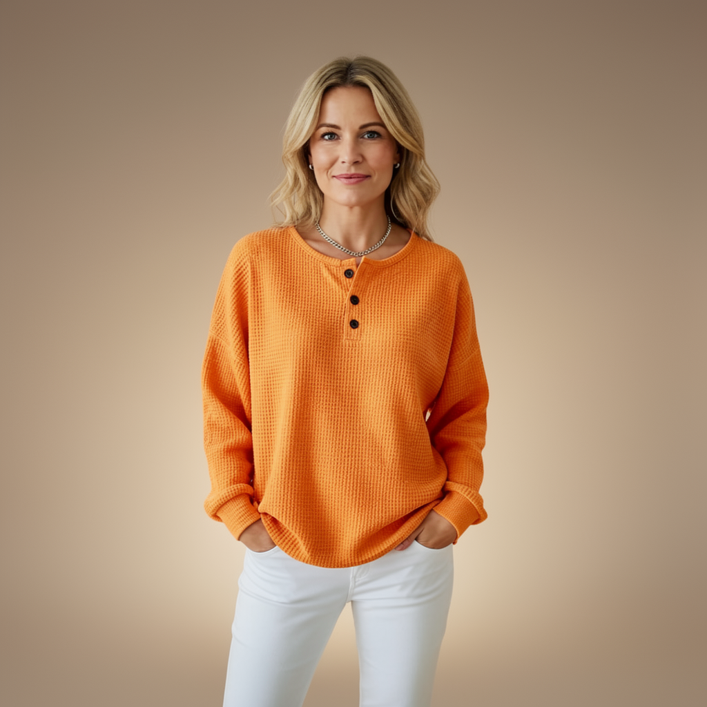 Women’s Waffle Knit Henley Top – Oversized Long Sleeve Cotton Shirt