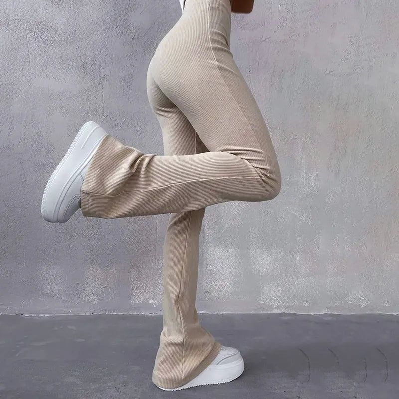 Ribbed Flared Pants – Trendy High-Waist Stretch Trousers
