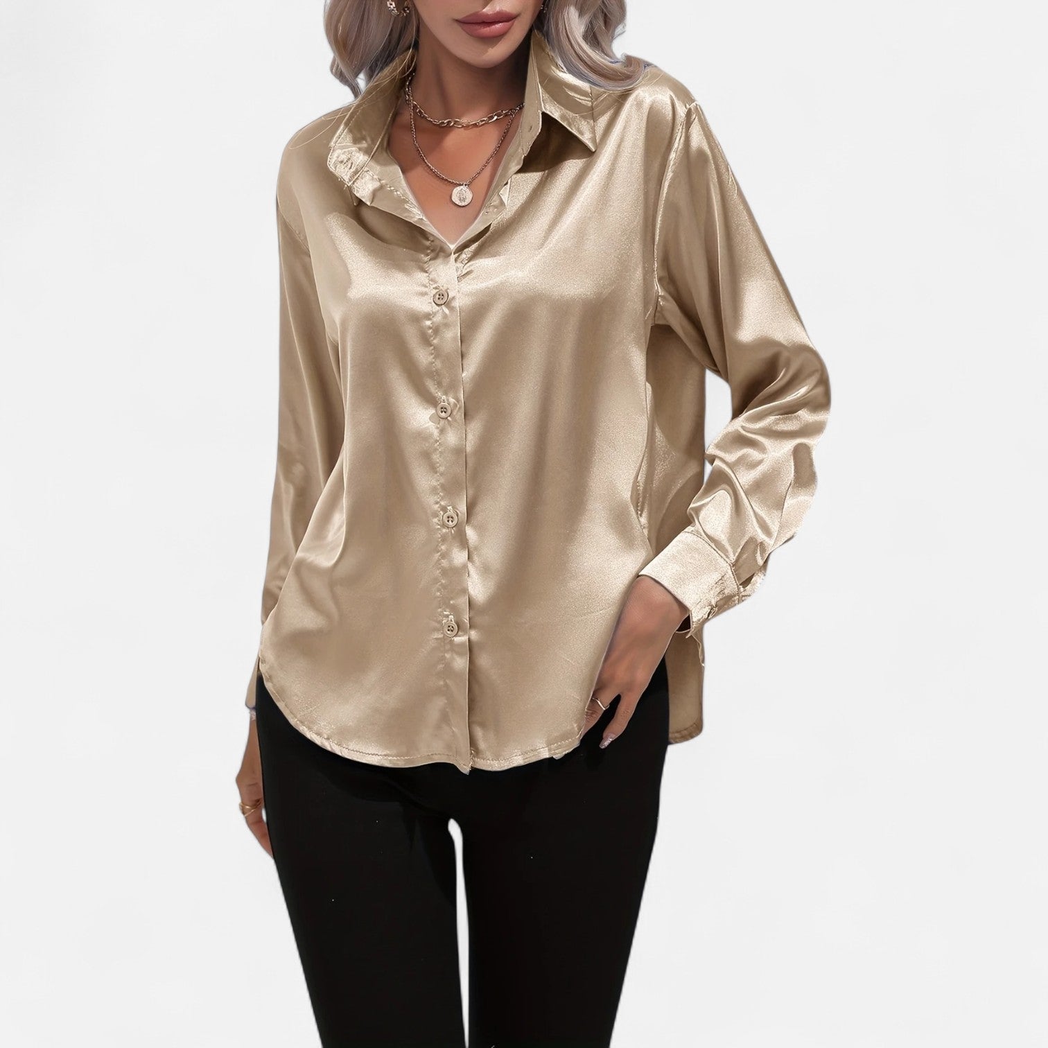 Women’s Satin Button-Down Blouse – Classic Long-Sleeve Lapel Shirt