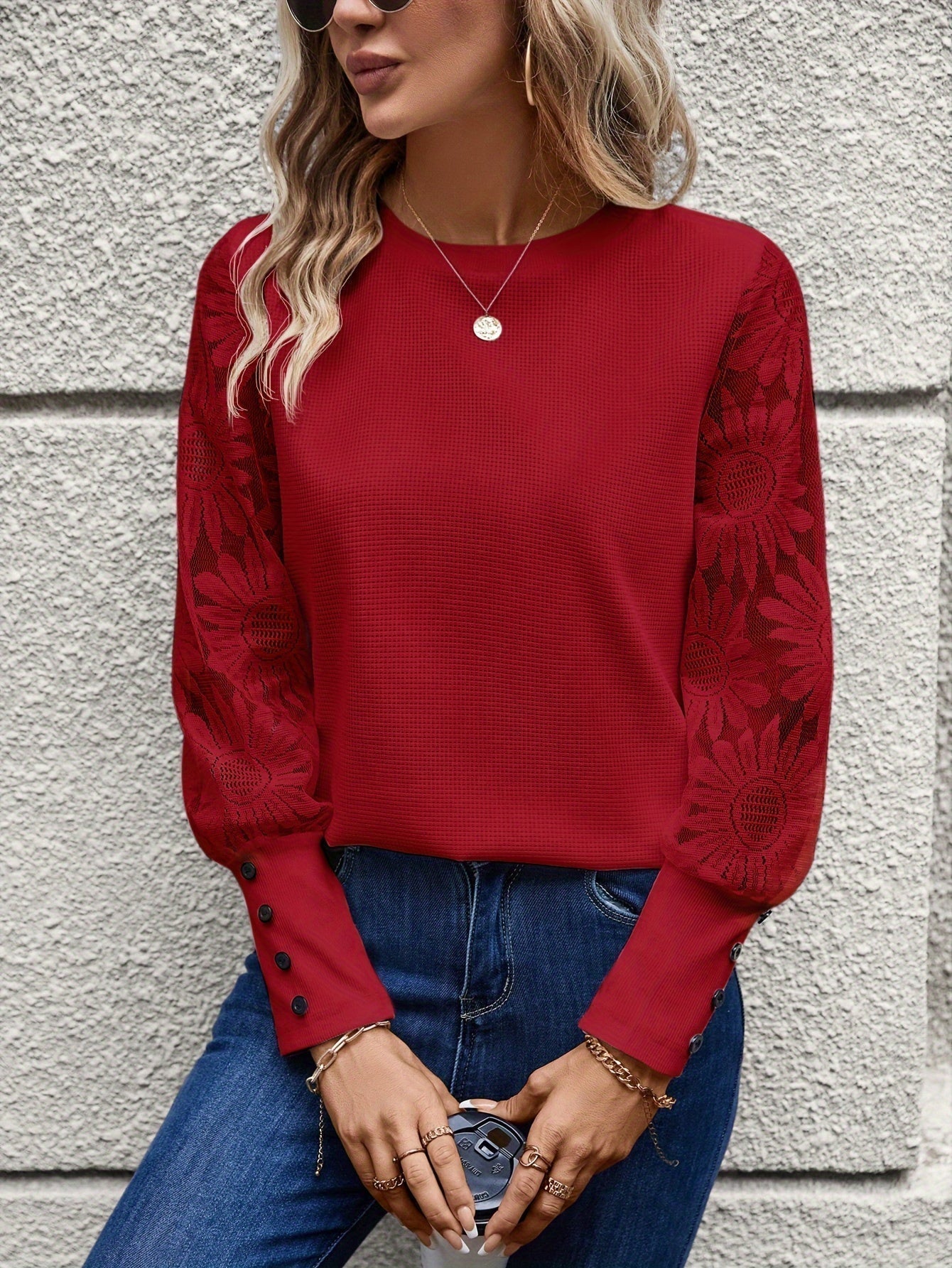Women’s Stylish Floral Lace Tee – Elegant Round Neck T-Shirt