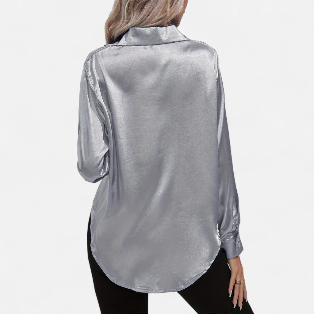 Women’s Satin Button-Down Blouse – Classic Long-Sleeve Lapel Shirt
