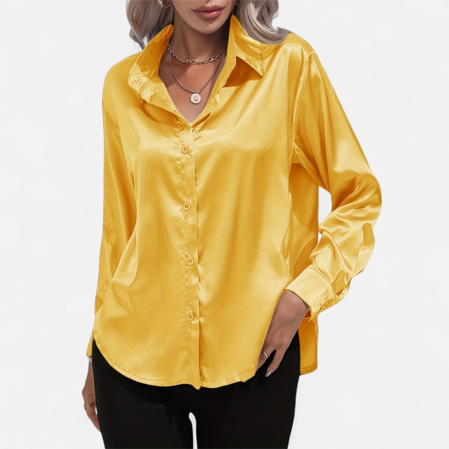 Women’s Satin Button-Down Blouse – Classic Long-Sleeve Lapel Shirt