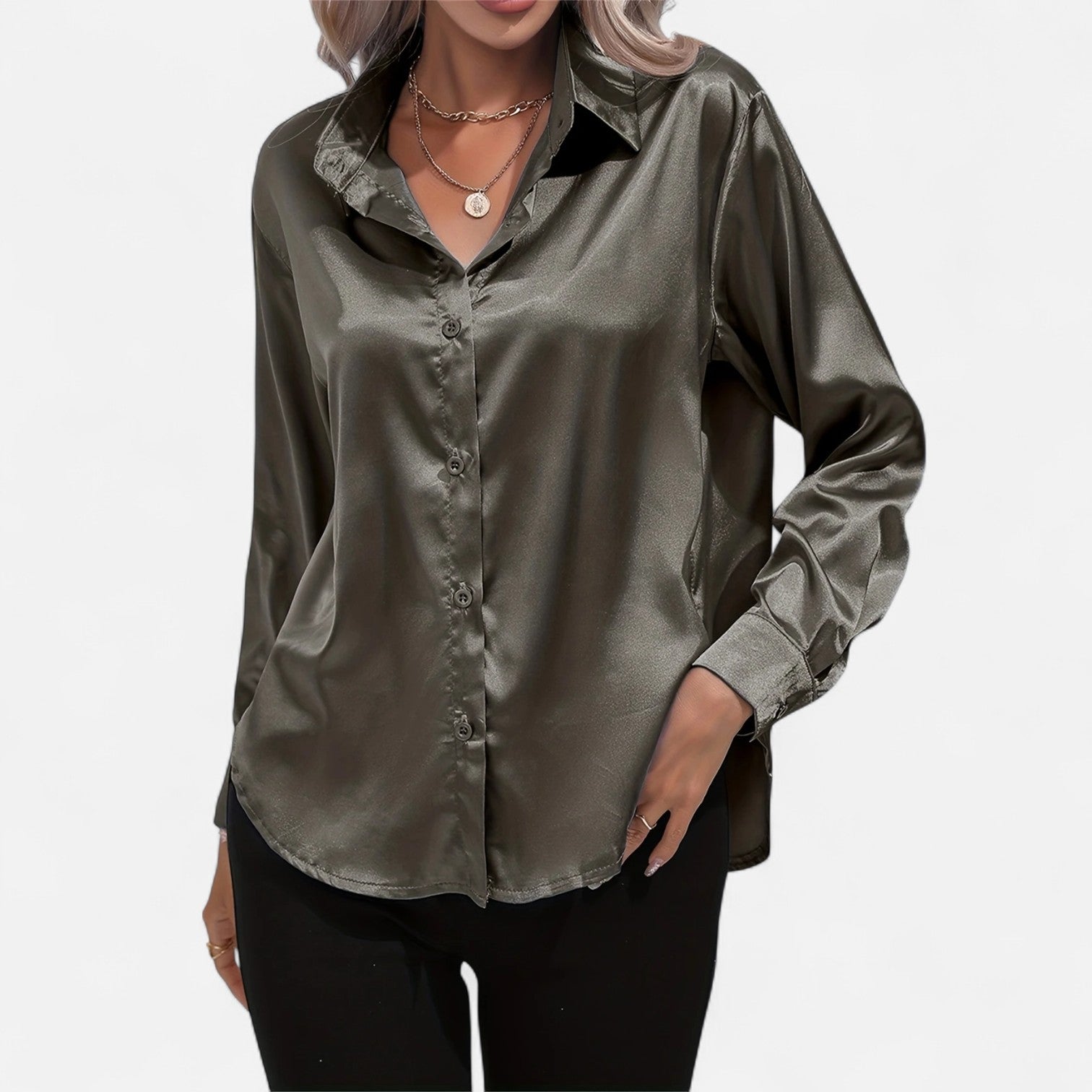 Women’s Satin Button-Down Blouse – Classic Long-Sleeve Lapel Shirt