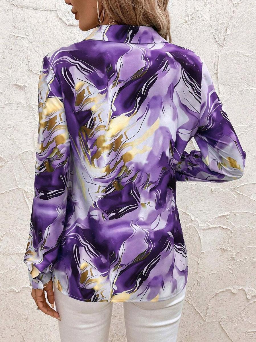 Women’s Satin Print Blouse – Purple Marble Long Sleeve Collared Shirt