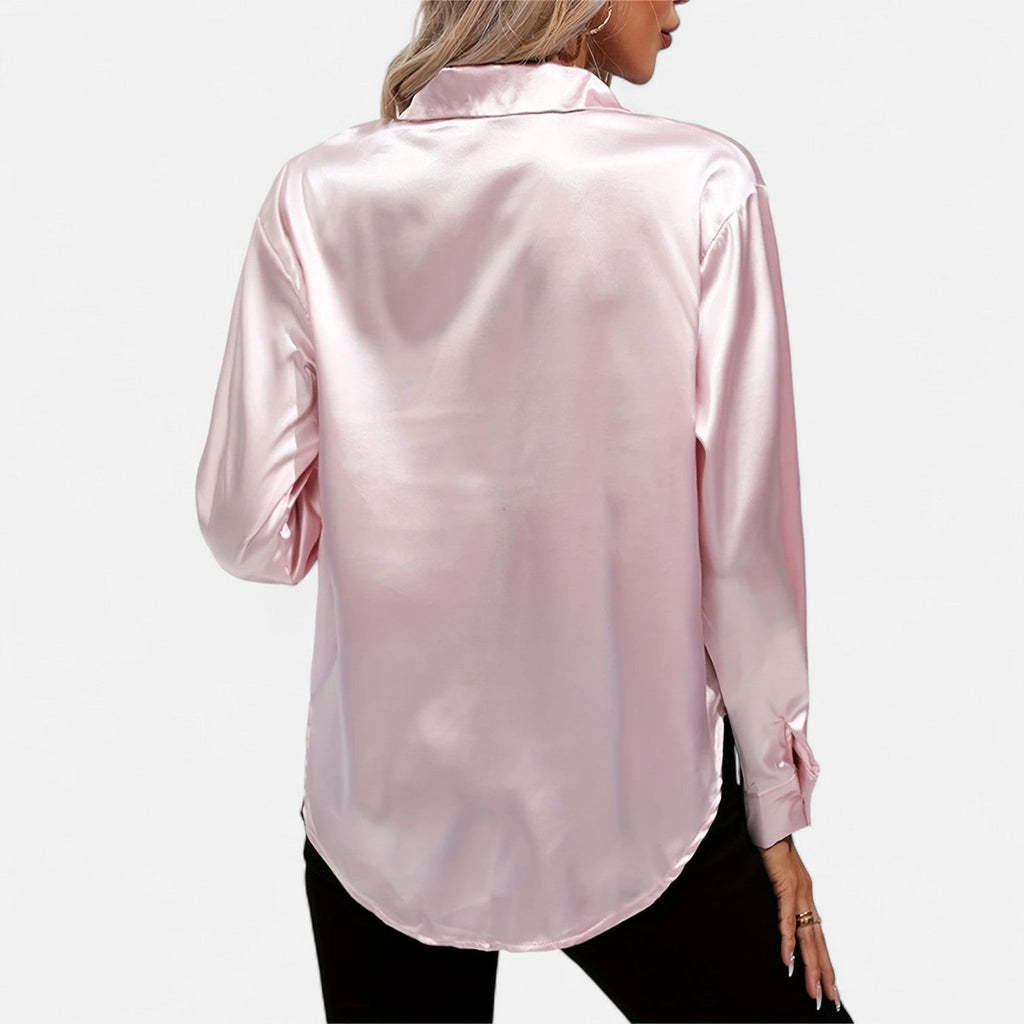 Women’s Satin Button-Down Blouse – Classic Long-Sleeve Lapel Shirt