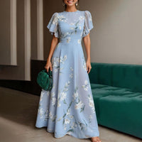 Women's Tyra Dress - Blue Summer Maxi Dress with Round Neck, Short Sleeve and Flowy Cut