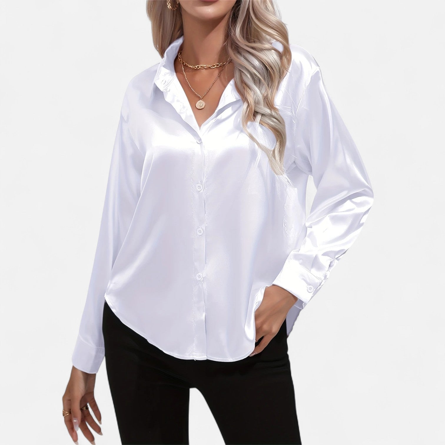Women’s Satin Button-Down Blouse – Classic Long-Sleeve Lapel Shirt