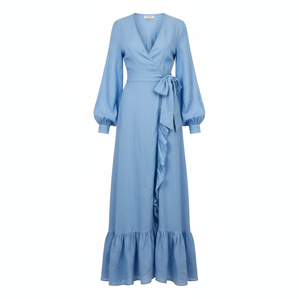 Vivienne | Women's Linen Wrap Maxi Dress - Sky Blue