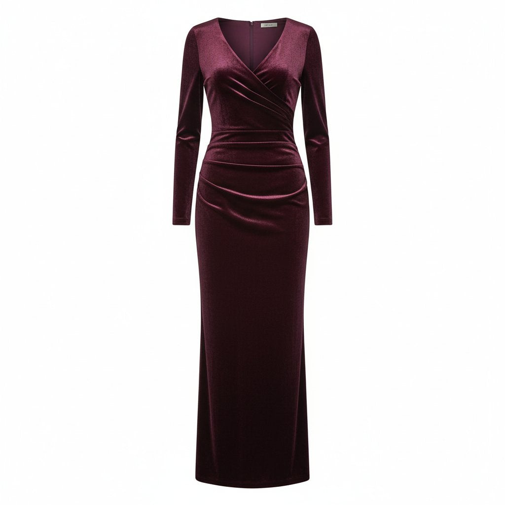 Fiora | Women's Velvet Fitted Evening Dress - Deep Plum