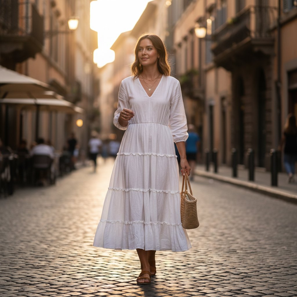 Delphine | Women's Cotton Tiered Midi Dress - lifestyle 1