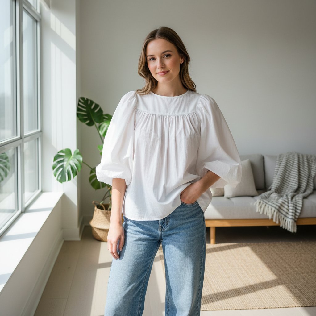 Thalia | Women's Cotton Puff Sleeve Top - lifestyle 4