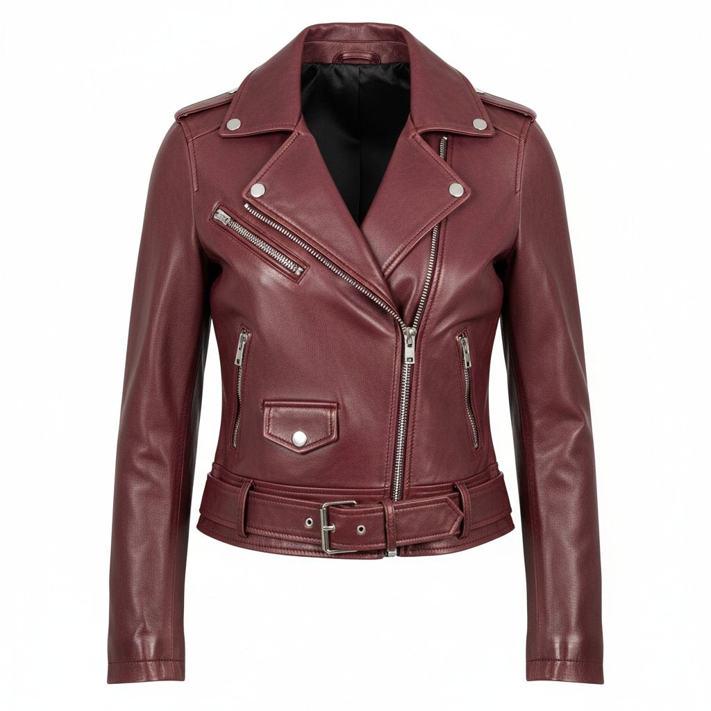 Wren | Women's Leather Cropped Moto Jacket - Burgundy