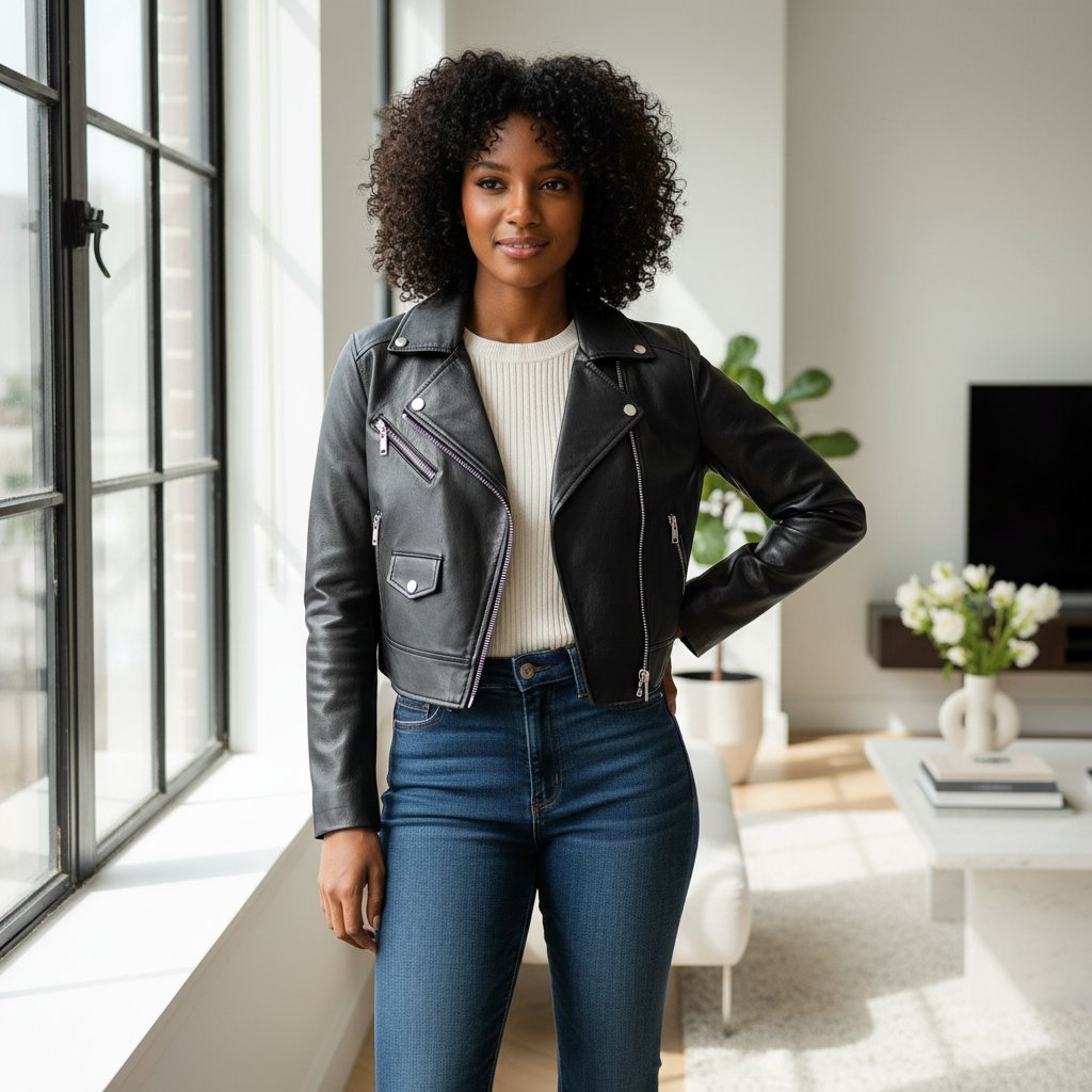 Wren | Women's Leather Cropped Moto Jacket - lifestyle 4