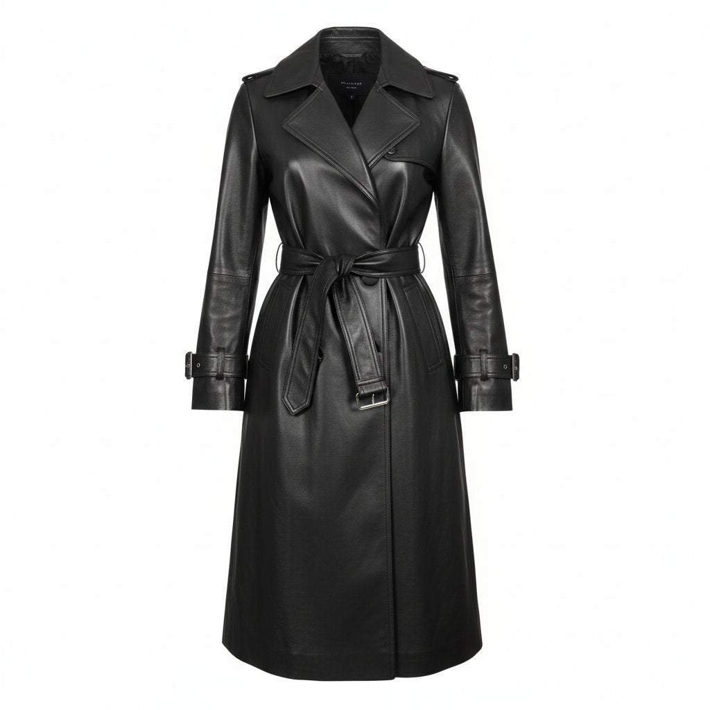 Anaise | Women's Leather Belted Trench Coat - Black