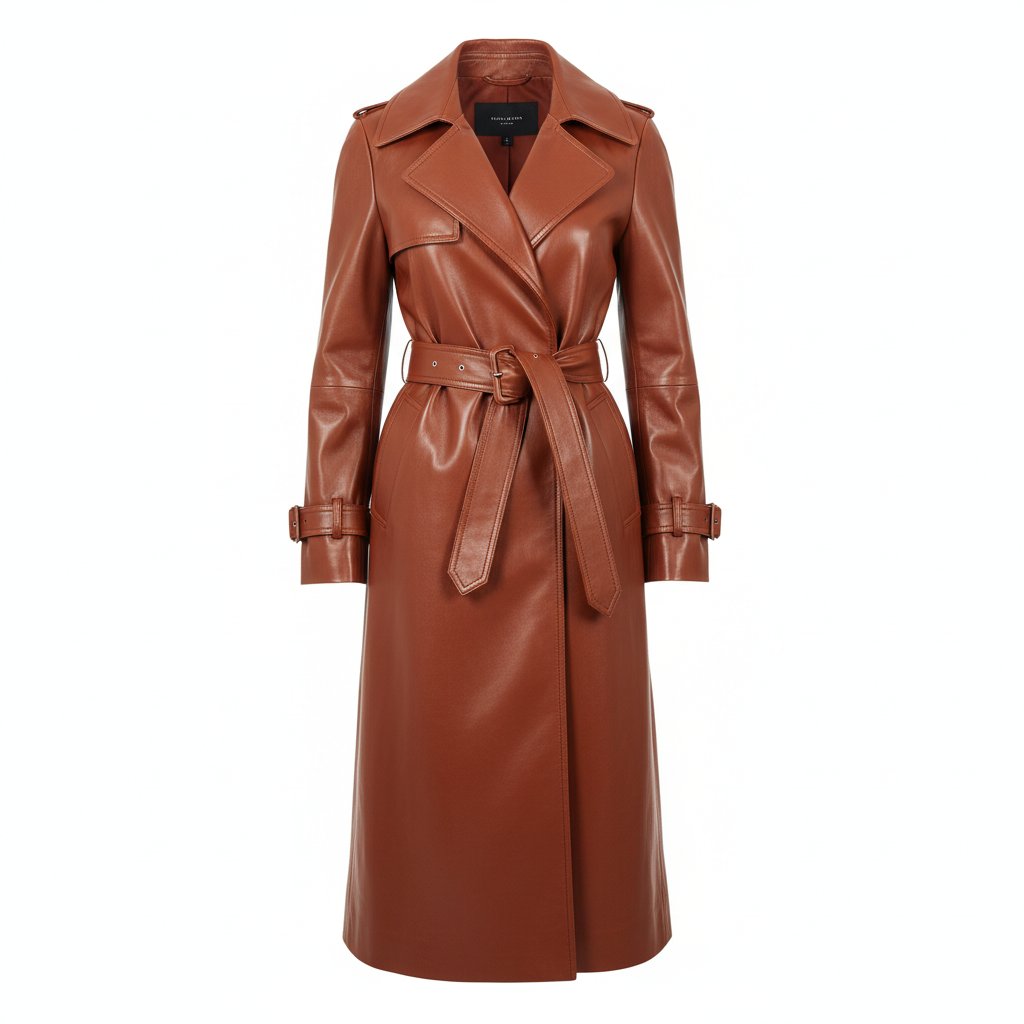 Anaise | Women's Leather Belted Trench Coat - Cognac
