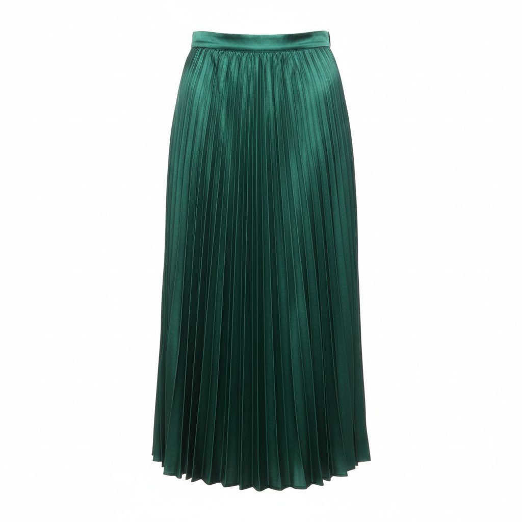 Nadia | Women's Satin Pleated Midi Skirt - Emerald
