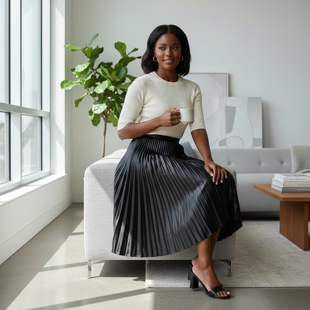 Nadia | Women's Satin Pleated Midi Skirt - lifestyle 4