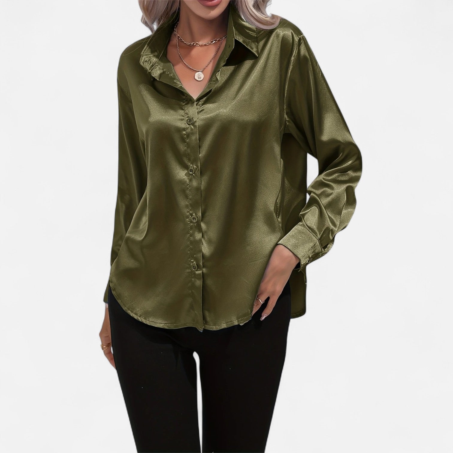Women’s Satin Button-Down Blouse – Classic Long-Sleeve Lapel Shirt