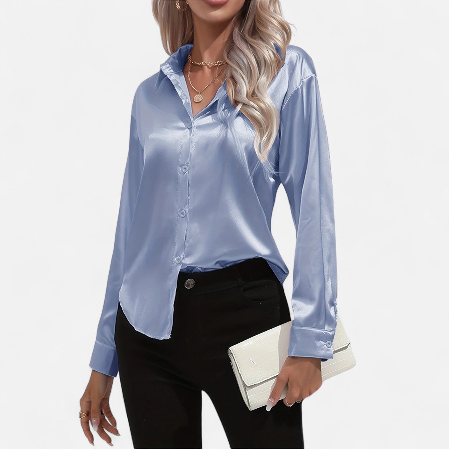 Women’s Satin Button-Down Blouse – Classic Long-Sleeve Lapel Shirt
