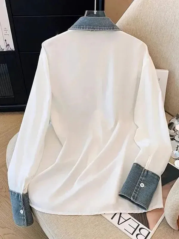 Women’s White Denim Shirt – Colour Block Long Sleeve Collared Button Down