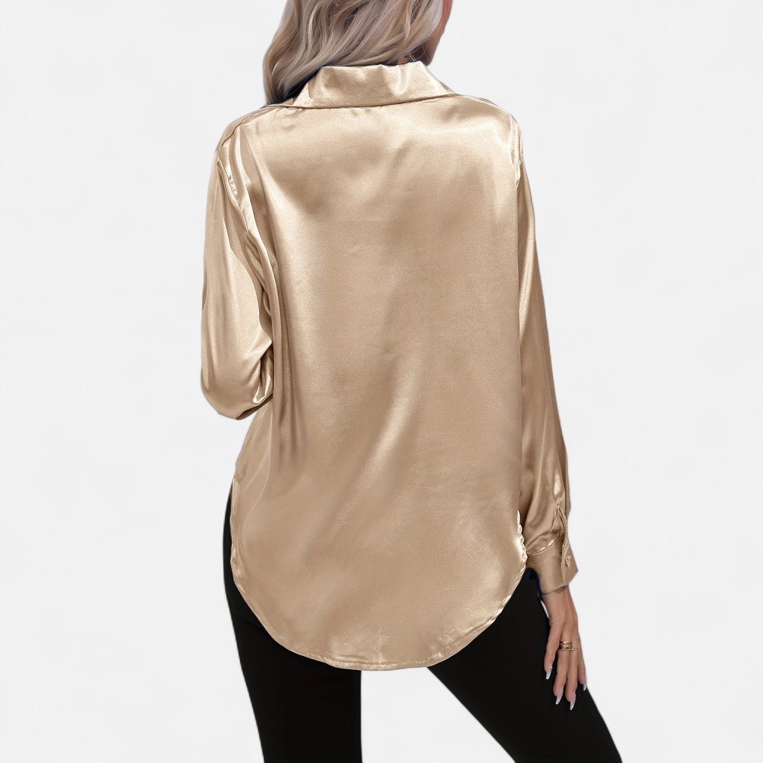Women’s Satin Button-Down Blouse – Classic Long-Sleeve Lapel Shirt