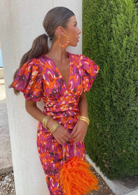 Sophie Patterned Midi Dress - Buffed Sleeves and Elegant Fitted Silhouette