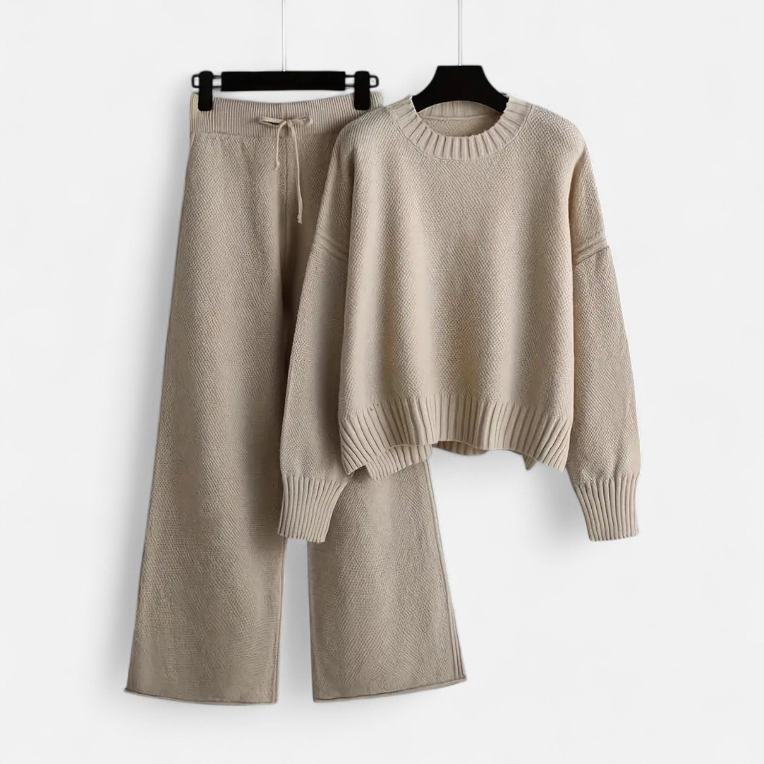 Women’s Knit Two-Piece Set – Soft Cozy Sweater & Wide-Leg Trousers