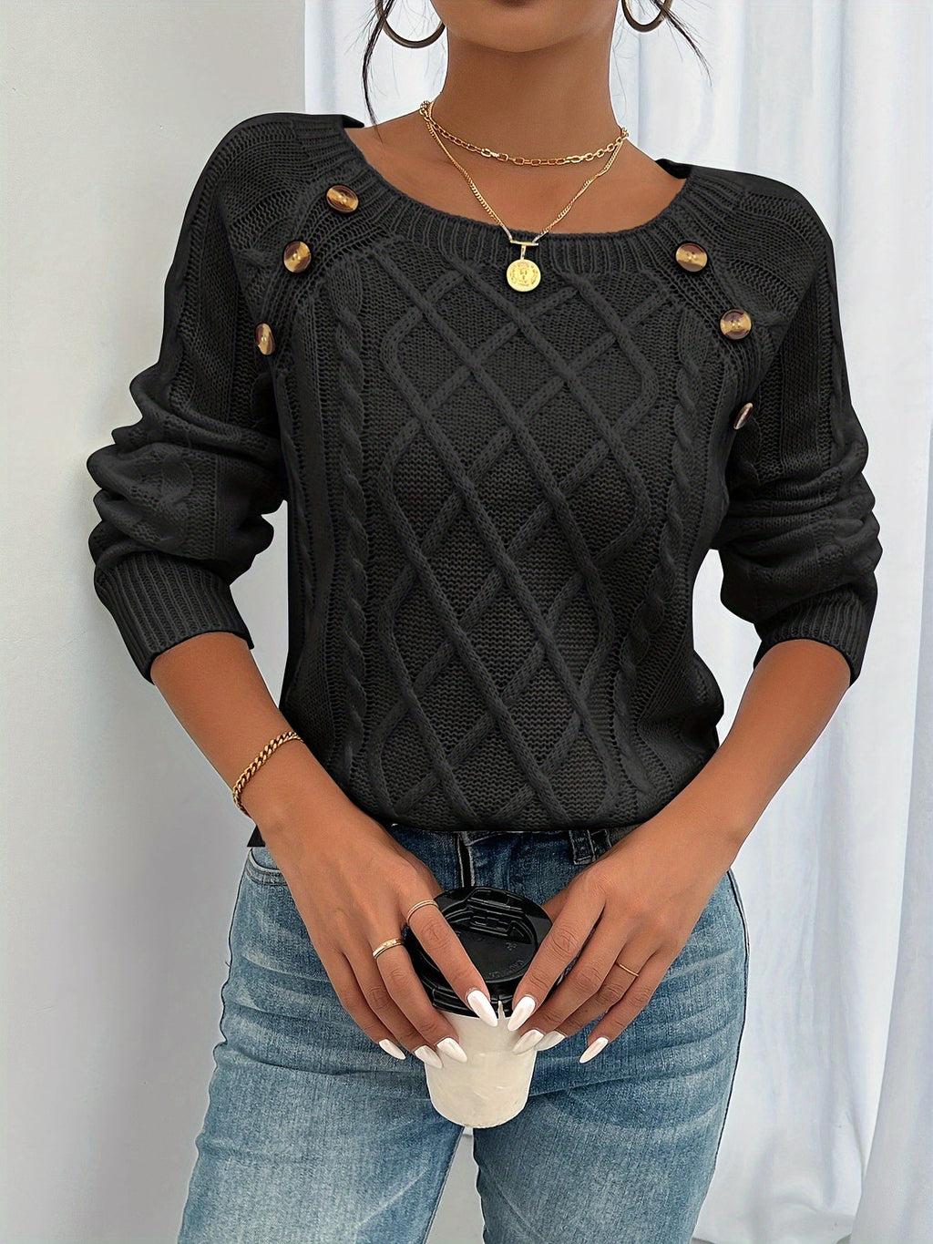 Knit Sweater – Soft Cable Knit Pullover with Button Detail