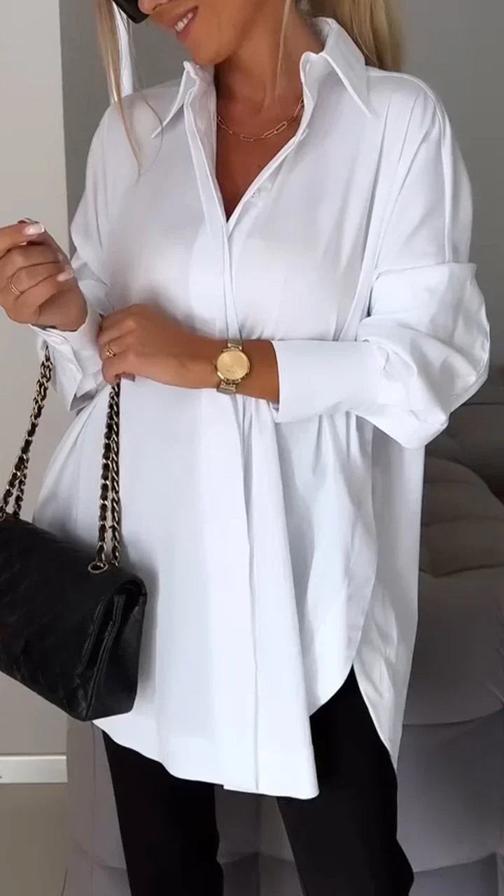Women’s Oversized White Shirt – Relaxed Polyester Button-Down Blouse